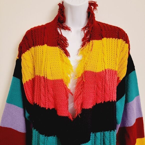 The Cove Multi Stripe Destroyed Fringe Hem Oversized Open Front Cardigan Size M - Picture 3 of 7